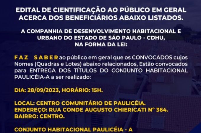 EDITAL DA CDHU PARA CIENTIFICAÇÃO AO PÚBLICO EM GERAL ACERCA DA LISTA DE BENEFICIÀRIOS CONVOCADOS
